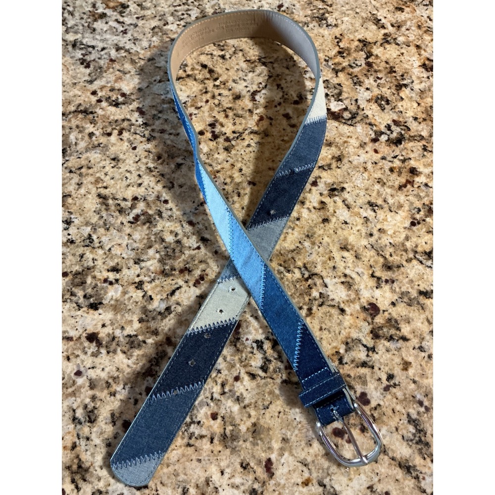 Target Patchwork Denim Belt Womens XL Blue Multi Good Zigzag Stitch Silver Tone